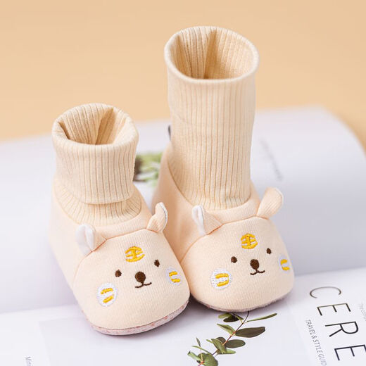 馍彭婴儿冬季鞋秋冬子0-1岁新生儿软底不掉袜男女宝宝学步防滑护脚套 淡卡其小萌虎【春秋款】 内长10.5cm 建议0-3个月
