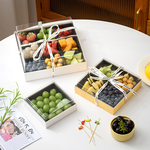 Zhiduosao four-piece fruit box fresh fruit cut packaging box four-grid fruit platter disposable paper-plastic packaging box with lid white-medium-four-grid free folding box (set of 5)
