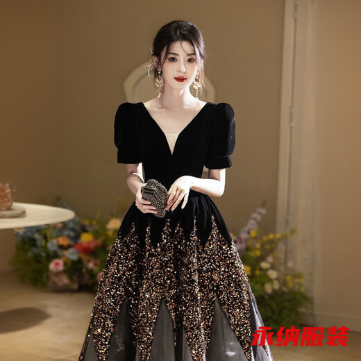Mei Anjia black V-neck evening dress high-end light luxury niche host catwalk solo performance test clothing elegant lady black 2XL