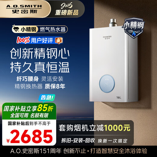 Smith (A.O.SMITH) Garnet small fine steel TCA1 16-liter fine steel gas water heater national subsidy JSQ31-TCA1 long-lasting constant temperature and large water volume new product