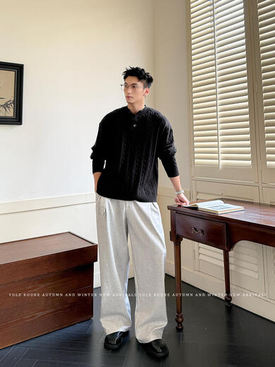 LIIS Henry collar twisted knitted autumn old money style retro patterned sweater men's casual commuting sweater gray M90-125Jin Jin equals 0.5 kg one size