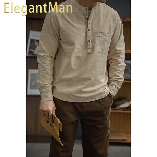 ElegantMan's workwear American retro cotton half-cardigan henley shirt with different color thread pocket shirt loose tough guy style men's winter apricot M