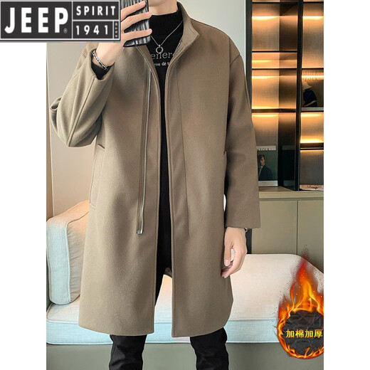 JEEP SPIRIT Spring and Autumn Zipper Design Stand Collar Woolen Windbreaker Men's Mid-Length Thick Casual Woolen Coat Jacket Trendy Coffee and Cotton 2XL