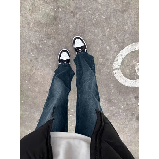 7 high-quality jeans for boys in autumn and winter thickened trendy high street loose long pants slightly flared leg-shaped straight casual men's pants XBNDMNZ-758 Retro Blue XL Recommended weight 130-145 Jin Jin equals 0.5 kg