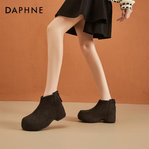 Daphne short boots for women thick-soled low-heeled inner heightening solid color plus velvet comfortable round toe back zipper ankle boots for women brown 37