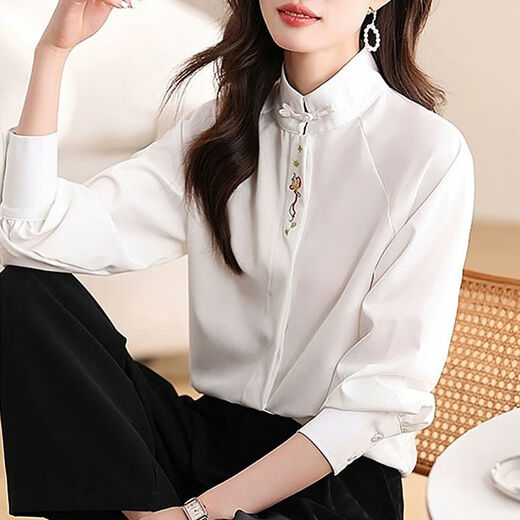 Chinesischer Stil, nationaler Stil, besticktes Oberteil, Frühling und Herbst, neue Mode, Hemd im westlichen Stil, große Größe, Stehkragen, Plattenknopf, Hanfu-Langarmhemd, Langarmhemd ZS-567*, weiß, L (105–120 Jin entspricht 0,5 kg)