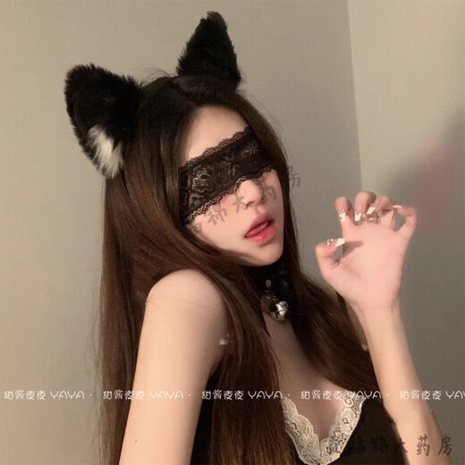 Universal large size 2025 new sexy cat ears bell head (headband + collar) hoop sexy fox hair black lace headband + eye mask + lace collar - three-piece set