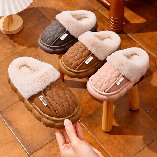 New autumn and winter thick-soled non-slip non-slip boys and girls indoor home winter plus velvet warm cotton slippers upgraded version bean paste-slippers 12 36/37 adults one size too small