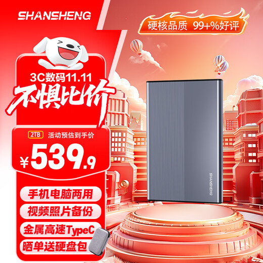 闪昇2TB移动硬盘Type-C金属高速硬盘2.5英寸P2外接电脑外置硬盘存储数据照片手机电脑两用270MB/S