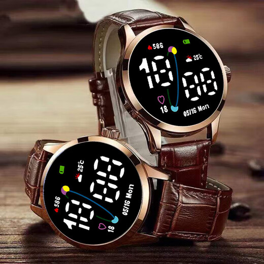 High-looking LED luminous electronic watch, quartz watch, simple leather strap, fashionable temperament for junior high school and high school students, multi-functional time display sports electronic watch Y23 LED luminous + time display + upgraded model - textured brown leather