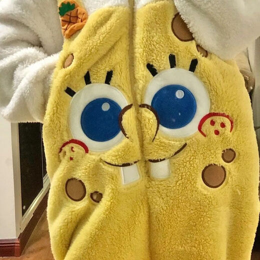 Sunayue SpongeBob SquarePants pajamas, the same style for male and female couples in autumn and winter, one-piece pajamas that can be worn outside, warm and cute home clothes, SpongeBob SquarePants straps style thickened S Height 145-155