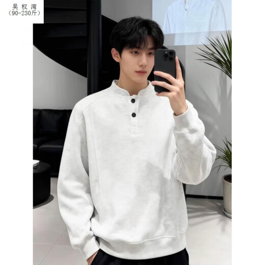 Wu Quanwan American style heavyweight velvet Henry collar inner layering shirt men's cleanfit simple right shoulder slim long-sleeved sweatshirt Black plus velvet models are in stock now Black plus velvet 5XL