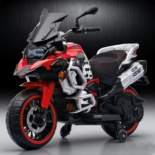 HKDA super large children's electric motorcycle double double seat male and female baby adult and child double rechargeable toy car China red (strong power + auxiliary wheels) 570 motor 12v14 battery + leather seat soft tire