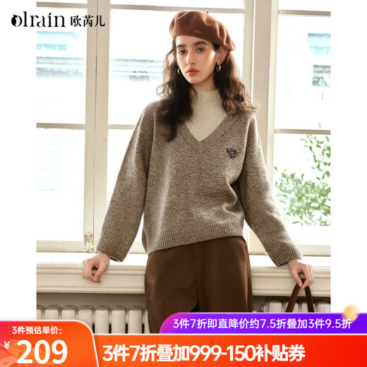 Olrain 2025 new women's winter oatmeal color fake two-piece turtleneck lazy casual pullover sweater oatmeal color S