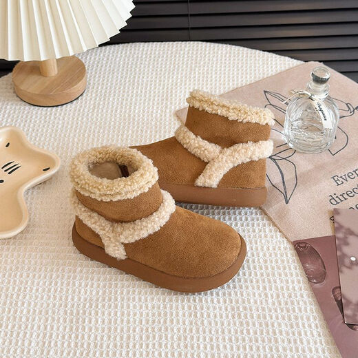 Genuine leather girls' cotton shoes, winter children's velvet shoes, warm snow boots, baby winter shoes, furry shoes, Birkenstock boots, khaki flagship version, upgraded quality 25, inner length 15.5cm