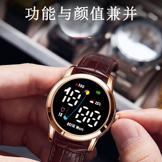 High-looking LED luminous electronic watch, quartz watch, simple leather strap, fashionable temperament for junior high school and high school students, multi-functional time display sports electronic watch Y23 LED luminous + time display + upgraded model - textured brown leather