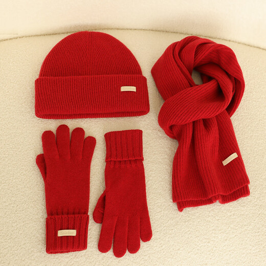 Siggi pure wool scarf hat gloves three-piece set winter girls warm birthday New Year red gift box same style across the night