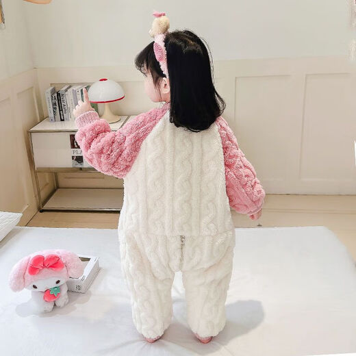 Girls sleeping bag one-piece coral winter thickened double layer baby autumn and winter children's flannel winter pajamas strawberry pink 90