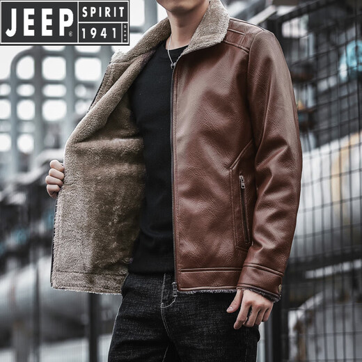 JEEP SPIRIT Jeep Leather Jacket Men's Autumn and Winter Leather Jacket Motorcycle Leather Retro Harley Motorcycle Riding Suit Pilot Black 2XL