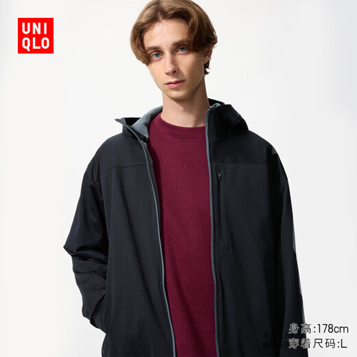Uniqlo men's windproof polar fleece zipper hooded cardigan/long-sleeved jacket 25 autumn and winter new style 481182 09 black L /175/100A