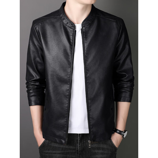 ARMANI EXCHANGE Armani genuine leather jacket men's spring and autumn stand-up collar loose leather business casual leather jacket trendy youth machine black (8802) plus velvet 5XL (180-200Jin Jin is equal to 0.5 kg)