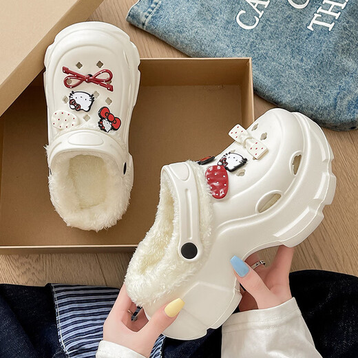 Plush Crocs Women's Winter 2025 Baby Thick Sole Increased Anti-Slip Warmth Removable Plush Women's Cotton Slippers White Diamond Bear Removable Liner 40.5 40-41 Recommended for feet 39-40
