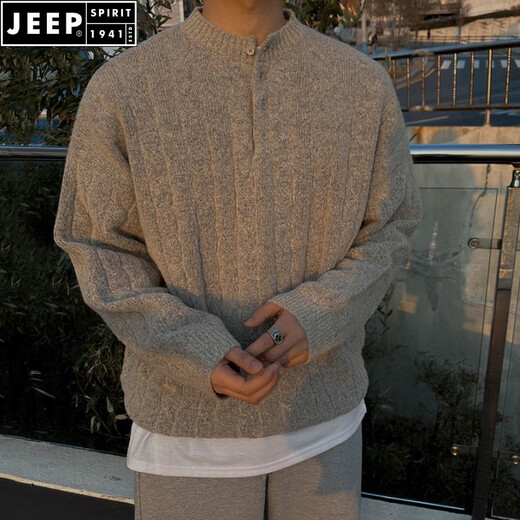 JEEP SPIRIT Lazy Henry Collar Sweater Men's Autumn and Winter Style Korean Style Casual Loose Niche Knitwear Men Navy Blue M