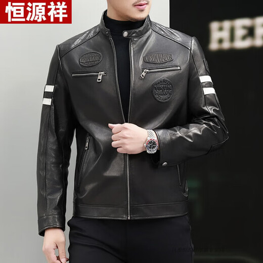 Hengyuanxiang Haining first layer cowhide leather jacket men's leather jacket short stand collar spring and autumn handsome motorcycle riding jacket black regular L 50 125-140Jin Jin equals 0.5 kg