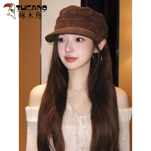 Woodpecker suede pleated flat-top equestrian hat for women 2025 new autumn and winter Maillard retro all-match painter hat trendy off-white suede & equestrian hat one size (56-58cm)