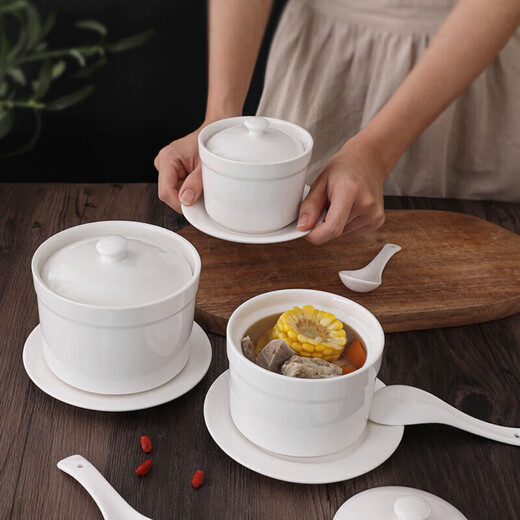 Bethes Ceramic Bowl Stew Cup Waterproof Stew Cup Soup Cup Steamed Egg Custard Bowl Steaming Cup Earthen Pot Stew Cup Yan Cup Covered Spoon and Sauce 420ml