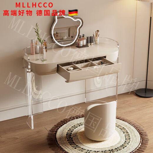 MLLHHCO German brand acrylic dressing table bedroom modern simple high-end cream style Internet celebrity large round mirror small apartment 1.0 single dressing table with stool + Internet celebrity large round mirror home installation