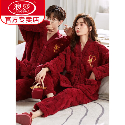 LangSha wedding couple pajamas autumn and winter style coral velvet thickened female bride bright red flannel newlywed men's home wear HMF-7815 M female M + male L