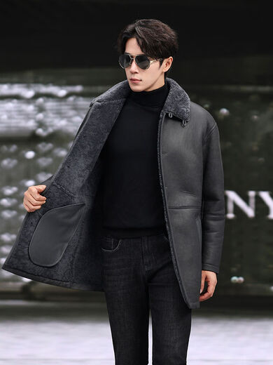 Yiwo Clothing New Original Ecological Fur One-piece Men's Genuine Leather Jacket Mid-Length Windbreaker Lapel Casual Warm Fur Jacket Winter Gray M 165M