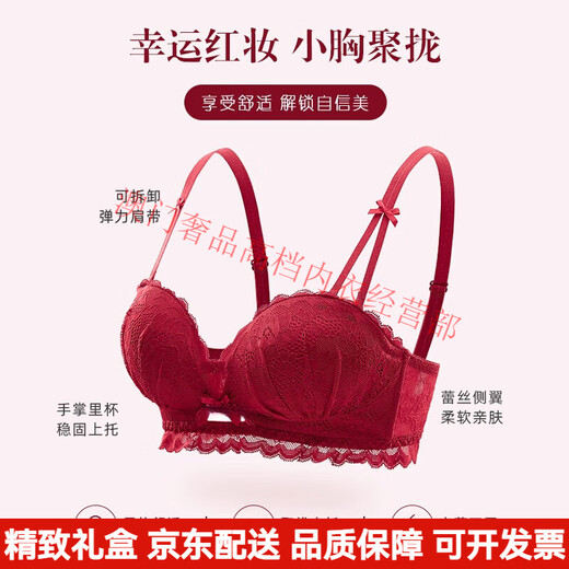 Agent Provocateur Light Luxury Brand Year of the Horse Ben Ming Nian Underwear Women's Red Small Breast Gathering Shows Bigger Side Breasts Wedding Bridal Bra Burgundy - Set 75B 34 (Koi Ben Ming Nian)