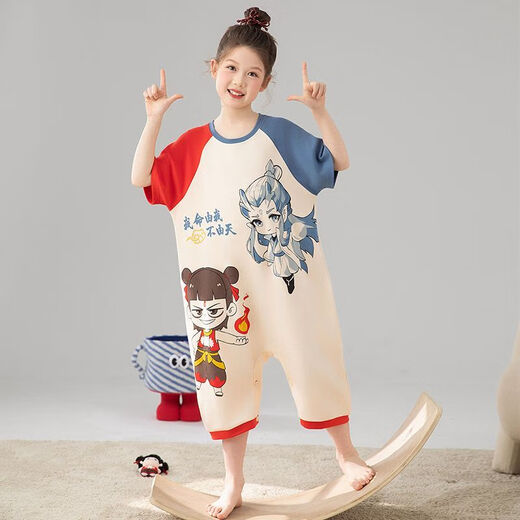 Girls one-piece pajamas summer thin pure cotton short-sleeved snap sleeping bag children baby little girl air-conditioned home clothes M02 one-piece cotton one-piece suit recommended by the store manager 90 size 8 height 90-103cm