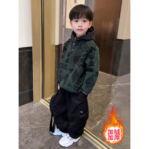 Burwilde international brand boys' velvet sweatshirt suit 2025 new children's autumn and winter wool sweater handsome and thickened green suit velvet 160 cm