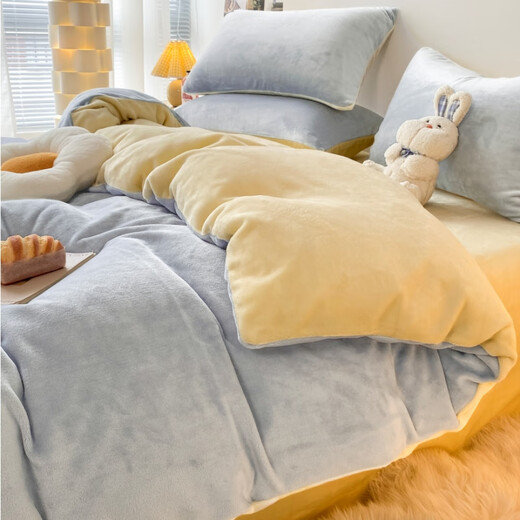 Blanket quilt winter four-piece milk velvet bed thickened coral velvet double-sided plus velvet flannel three-piece bed set baby blue + light gray double-sided warm velvet skin-friendly and delicate bed cover 220x240cm milk velvet quilt cover single piece