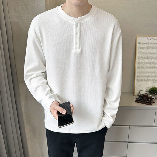 Henry collar long-sleeved T-shirt for men 2023 new spring and autumn style autumn clothes button solid color textured bottoming shirt sweatshirt for men Gray Apricot L Recommended 115-135Jin Jin is equal to 0.5 kg