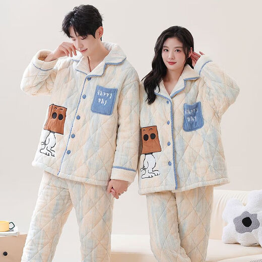 Victoria's style quilted couple's pajamas winter three-layer thickened warm coral velvet cotton home clothes for men and cute cotton jackets for women 7893 M Women