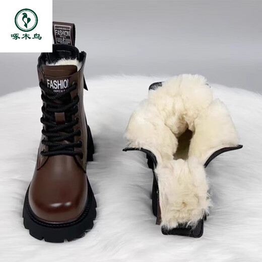 Woodpecker thick-soled Martin boots genuine leather wool boots women's fur integrated new thickened 2025 winter short boots snow boots black thickened cotton imported wool 37