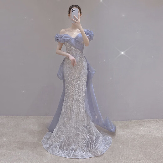 Misid New Year's Eve New Year's Eve party dress for women, new sequined fishtail skirt, French high-end one-shoulder slim dress, fishtail skirt, XS, one size fits all