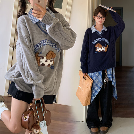 Mori Girl Tribe Mori Girl Tribe College Style Cartoon Embroidered Pullover Sweater Women's New Fake Two-piece Design Warm Sweater Winter Blue Sweater M