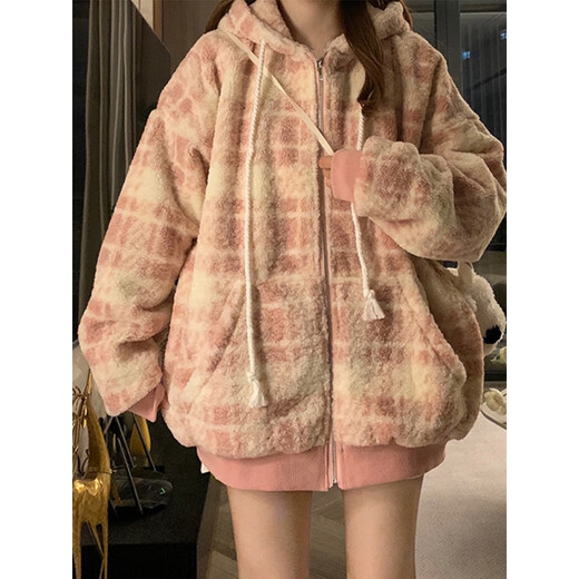 Jingdomeng thickened small fragrance lamb plush jacket for women 2025 autumn and winter new style unique and good-looking soft and waxy cotton-padded clothes pink L (110-120)
