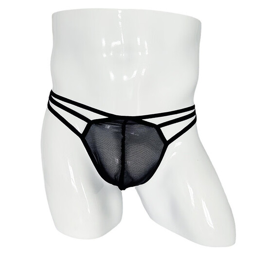 Men's elastic thong transparent sexy mesh underwear hollow underwear gay sexy suit hollow strap 1 black