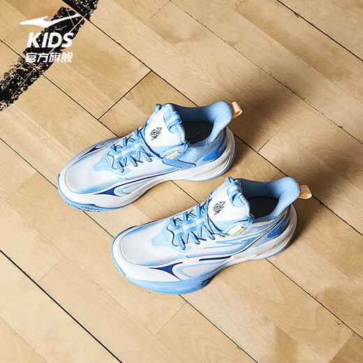 Hongxing Erke (ERKE) children's shoes for boys and girls, dense tennis shoes, children's cushioning strap basketball shoes, microcrystalline white/light oxygen blue 35