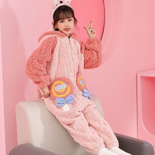 Children's one-piece pajamas autumn and winter thickened new model coral velvet cute boy sleeping bag one-piece hooded home clothes 222 Lollipop 2 K zipper style 110 10 size recommended 110-120CM