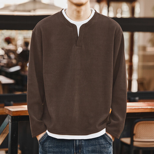 Gelu high-end coffee color fake two-piece V-neck long-sleeved T-shirt for men in autumn and winter plus velvet inner sweatshirt bottoming Henry shirt coffee color M M suitable for 100-130 Jin Jin equals 0.5 kg