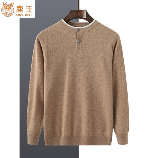 Deer King Men's Cashmere Sweater Henry Collar Autumn and Winter New POLO Fashion Sweater Round Neck Fake Two-piece Knitted Bottoming Wool Sweater Medium Camel Medium Camel S
