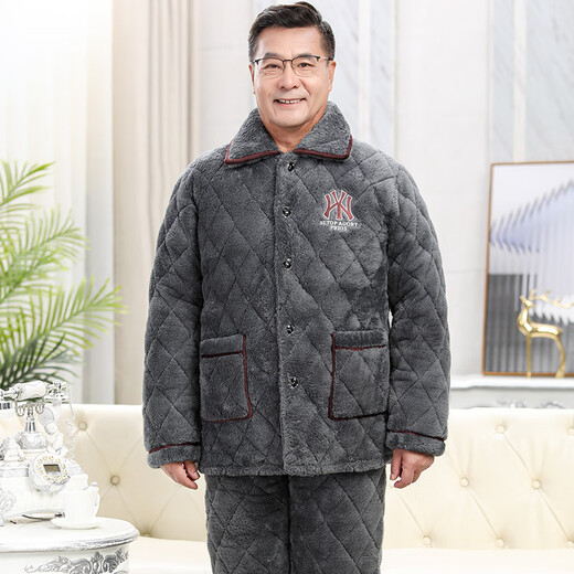 馨梦悦男士睡衣秋冬季加厚加绒珊瑚绒夹棉保暖法兰绒中老年人爸爸家居服 C9921#黑灰色男【长毛绒】 XXXL(160-200斤)三层加厚