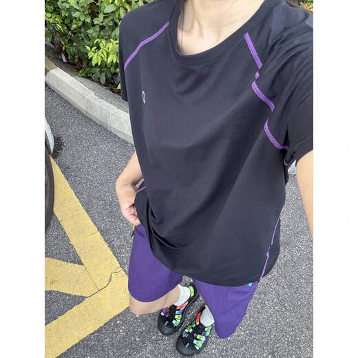 Nanbo Maru outdoor sunscreen badminton quick-drying dry clothes women's short-sleeved T-shirts for small people to wear mountain cycling clothes sportswear two-piece set black quick-drying_drying T-shirt + purple quick-drying_drying shorts M_100-115Jin Jin equals 0.5 kg